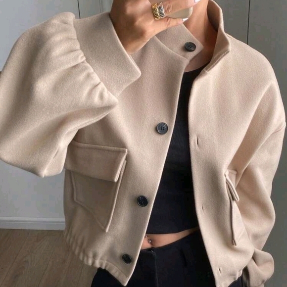 Solid Color Stand Collar Pocket Short Jacket For Women - Picture 1 of 7